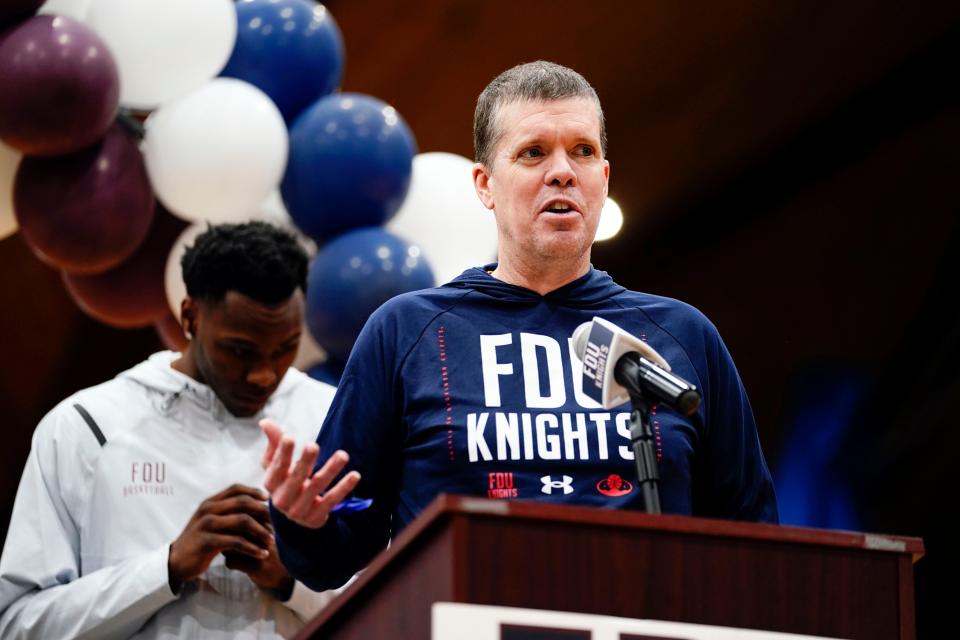 Fairleigh Dickinson University men's basketball head coach Tobin Anderson speaks during a celebration for the historic 2022-23 seasons of the Knights' men's and women's basketball teams in Hackensack on March 27, 2023.