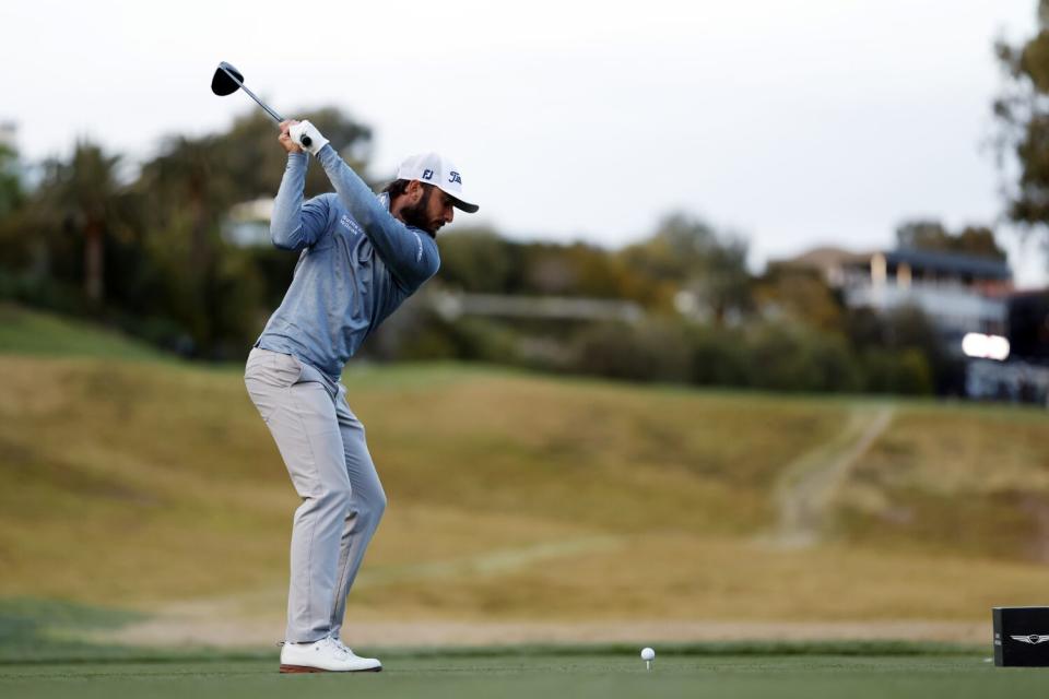 Max Homa hits from the 18th tee during the second round of the Genesis Invitational on Friday.