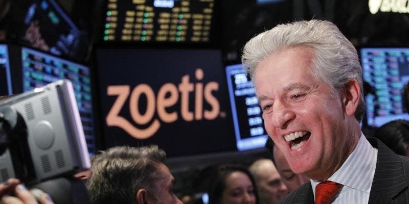 Zoetis CEO Juan Ramon Alaix gives an interview following his company's IPO on the floor of the New York Stock Exchange, February 1, 2013.  REUTERS/Brendan McDermid