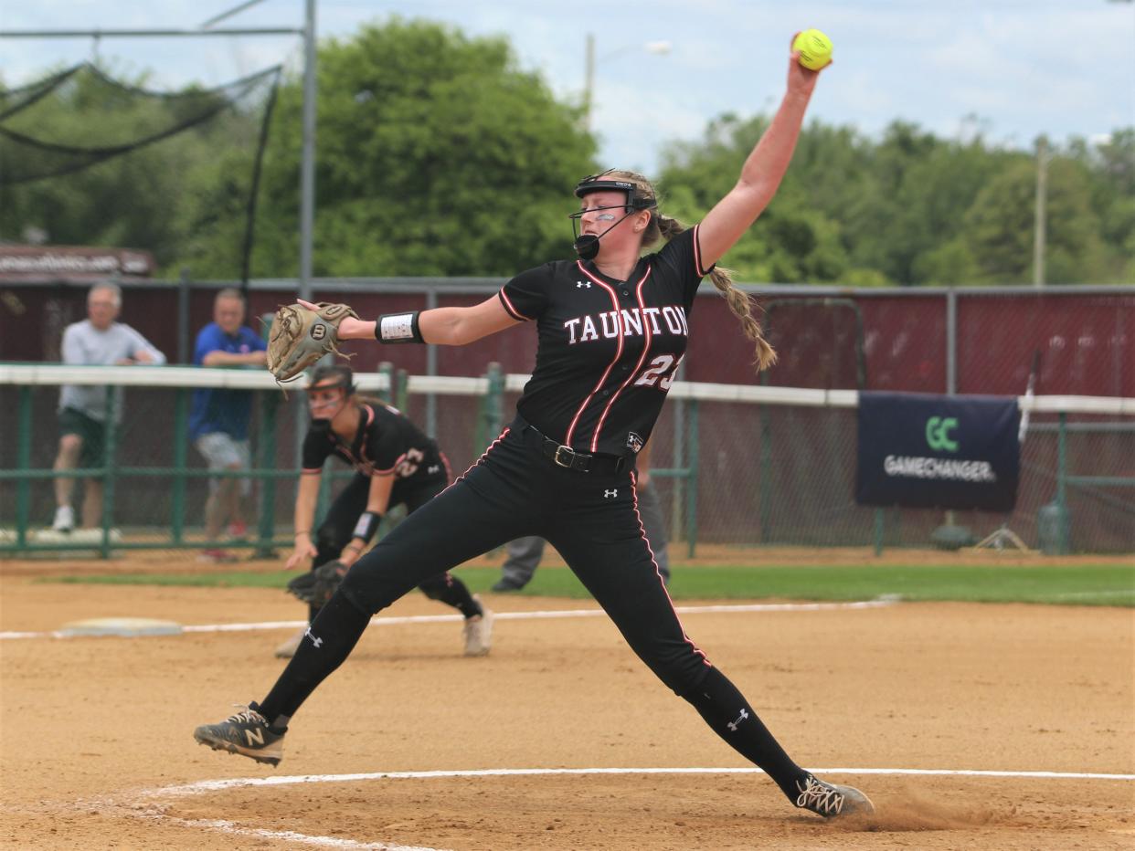 Taunton's Sam Lincoln tosses a pitch during the 2023 MIAA Division I Softball championship game against Central Catholic.