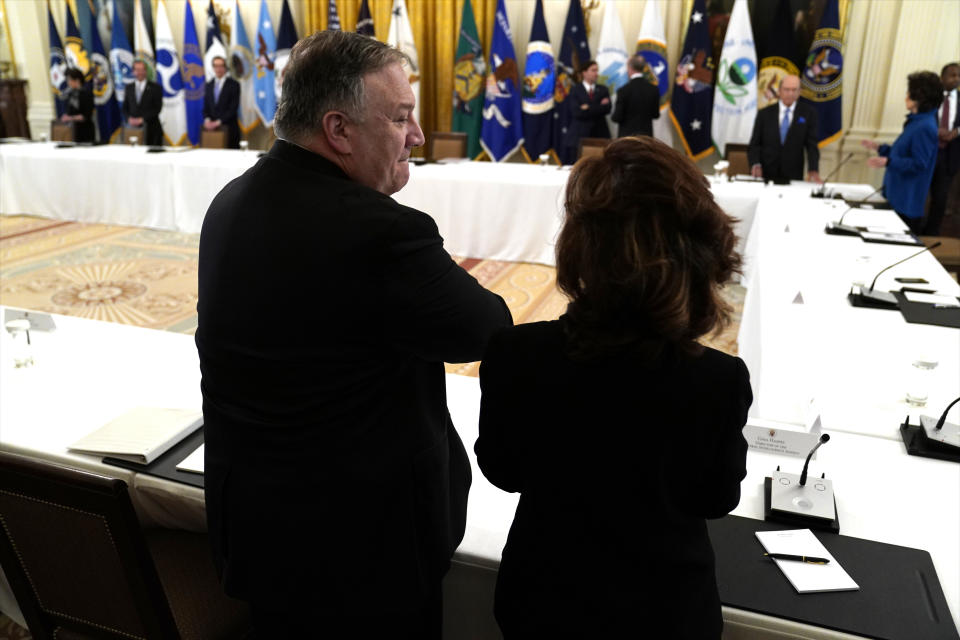 Secretary of State Mike Pompeo talks with CIA director Gina Haspel before President Donald Trump arrives for a Cabinet Meeting in the East Room of the White House, Tuesday, May 19, 2020, in Washington. (AP Photo/Evan Vucci)