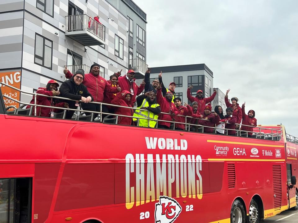 George and wife Sadie Hetzel send their Grey Lion Tours party bus to Kansas City in 2023 to transport Chiefs players in their downtown parade. The Nashville-based company will provide busing Wednesday for the team's 2024 Super Bowl parade.