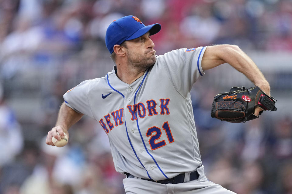 New York Mets starting pitcher Max Scherzer (21) works in the first inninng of a baseball game against the Atlanta Braves, Wednesday, June 7, 2023, in Atlanta. (AP Photo/John Bazemore)