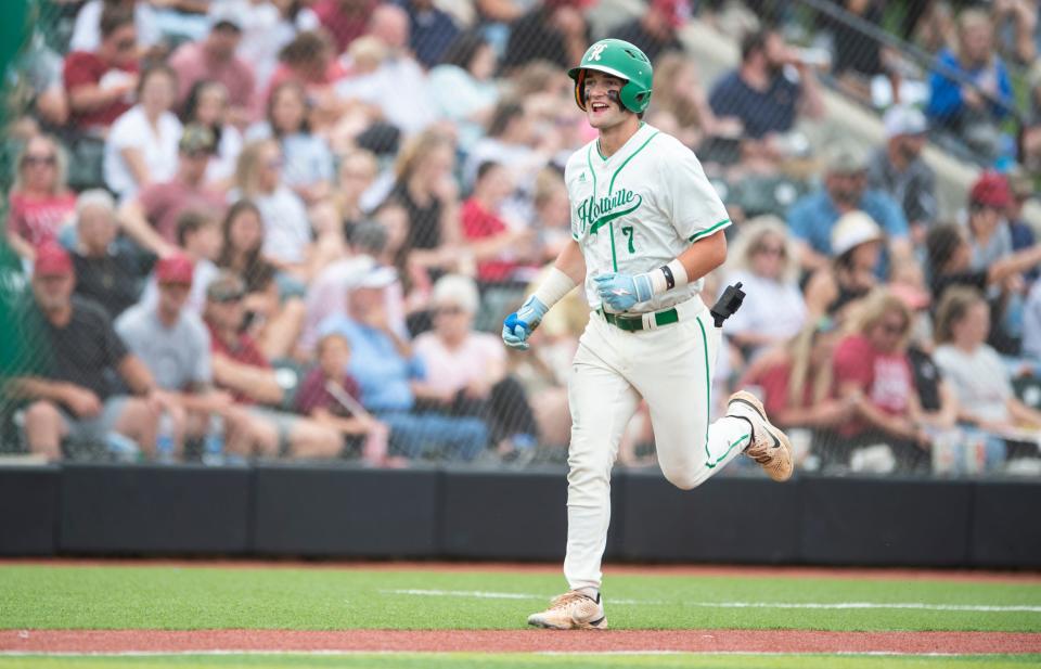 Holtville's Sam Silas (7) rounds the basses after hitting a home run as Holtville takes on Sardis during the AHSAA baseball class 5A state championship at Rudy Abbot Field in Jacksonville, Ala., on Friday, May 19, 2023.