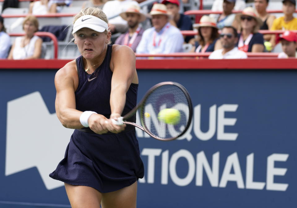 Peyton Stearns hits a return to Leylah Fernandez, of Canada, during the National Bank Open tennis tournament in Montreal, Tuesday, Aug. 8, 2023. (Christinne Muschi/The Canadian Press via AP)