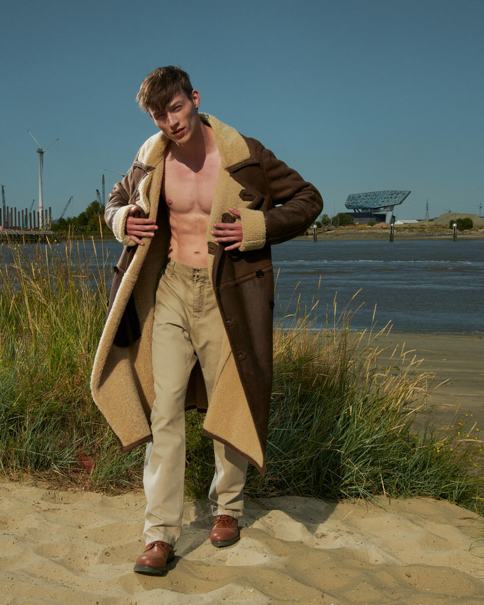 An oversize shearling coat part of Bikkembergs' archive sale.
