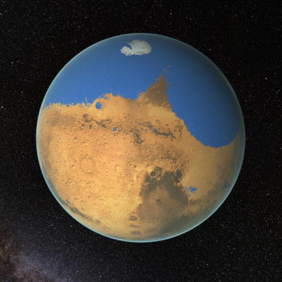 NASA scientists have determined that a primitive ocean on Mars held more water than Earth’s Arctic Ocean and that the Red Planet has lost 87 percent of that water to space. (Image: NASA/GSFC)