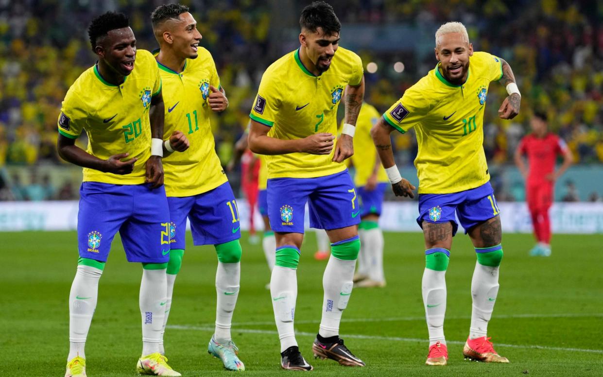 Every remaining team in the World Cup ranked – and England are on the rise - Brazil's Neymar, from right, celebrates with team mates Lucas Paqueta, Raphinha and Vinicius Junior - Manu Fernandez/AP