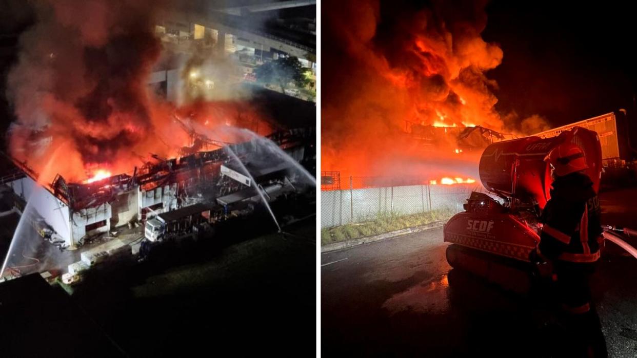 SCDF firefighters tame blaze, the size of a football field, at an industrial building in Tuas. 