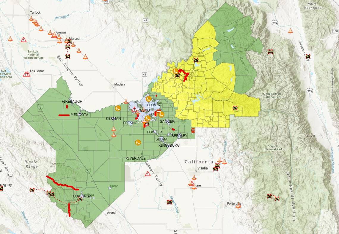 A screenshot of a Fresno County Sheriff’s Office map shows yellow areas that are under an evacuation warning put in place Tuesday, March 7, 2023, in advance of an atmospheric river storm expected to dump rain over the entire county, particularly in the Sierra Nevada foothills and mountains in the eastern part of Fresno County.