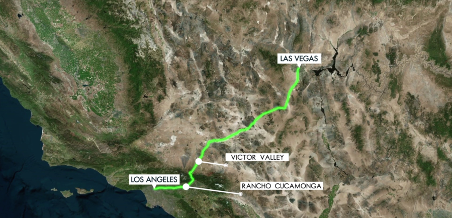 The expected route of Brightline West, showing the additional Metrolink travel between Los Angeles’ Union Station and Rancho Cucamonga.” (Brightline)