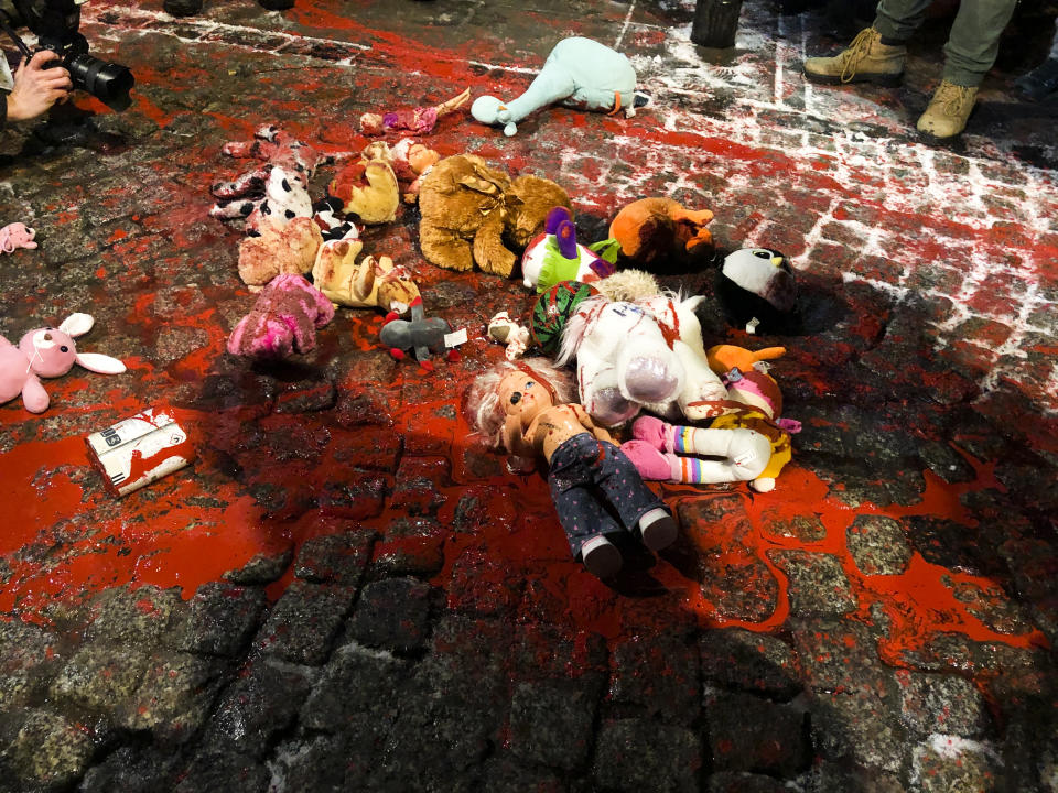 Dolls and stuffed animals lay in red paint on the street during a protest against a strict anti-abortion law in Warsaw, Poland, Thursday, Jan. 28, 2021. A near total ban on abortion has finally taken effect in Poland three months after a top court ruled that the abortion of congenitally damaged fetuses is unconstitutional, a move that has sparked a new round of nationwide protests. (Photo/Czarek Sokolowski)
