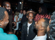 <p>NBA star James Harden celebrates the launch of his J-HARDEN Accolade Wines release with pals Travis Scott and Joel Embiid at CATCH in Los Angeles on July 17.</p>