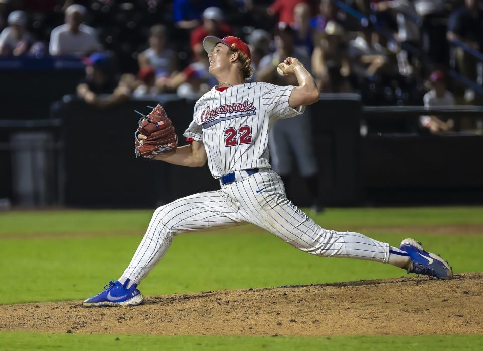 Westlake pitcher Chance Covert throws during the fourth inning against the Pearland Oilers at the UIL Class 6A baseball semifinal last season at Dell Diamond. He threw a no-hitter and struck out 14 to lead the Chaps as they completed a sweep over Del Valle in District 26-6A.