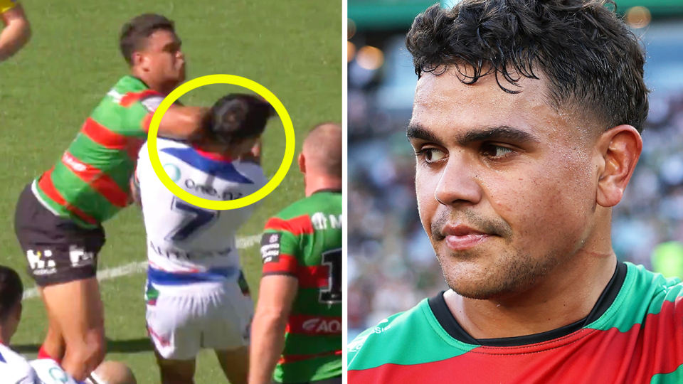 Latrell Mitchell elbows Shaun Johnson and Mitchell after the game.