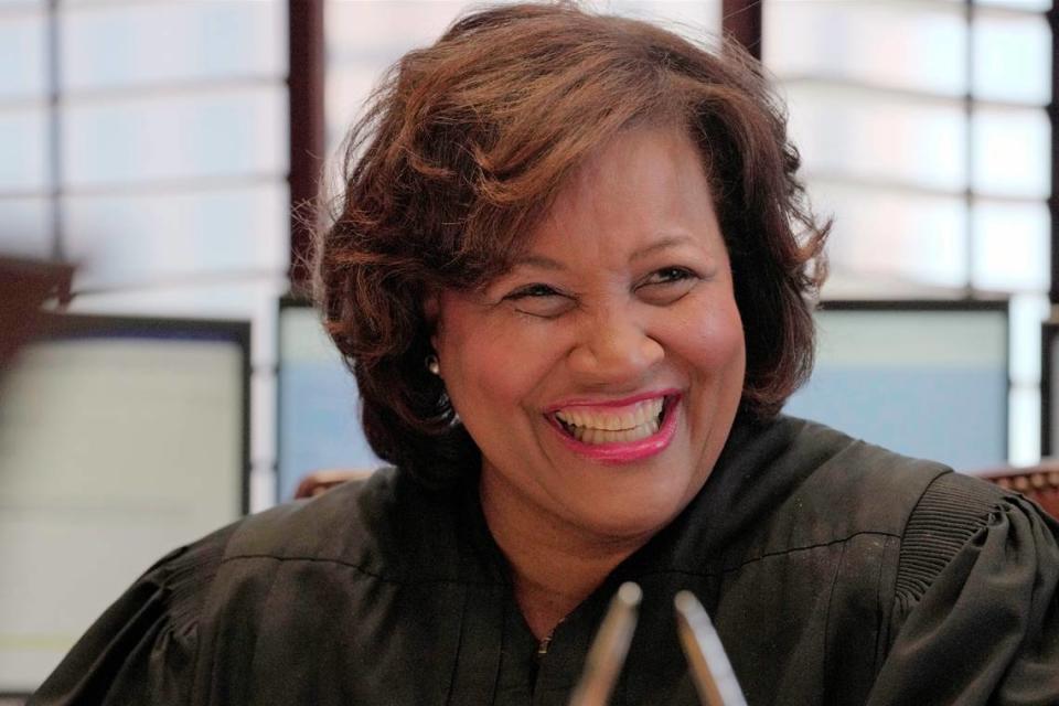 U.S. District Judge J. Michelle Childs smiles as she works in her chambers on Friday, Feb. 18, 2022, at the federal courthouse in Columbia, S.C. President Joe Biden recently considered Childs, 56, for a seat on the U.S. Supreme Court. She is now being considered for a seat on the D.C. Circuit.