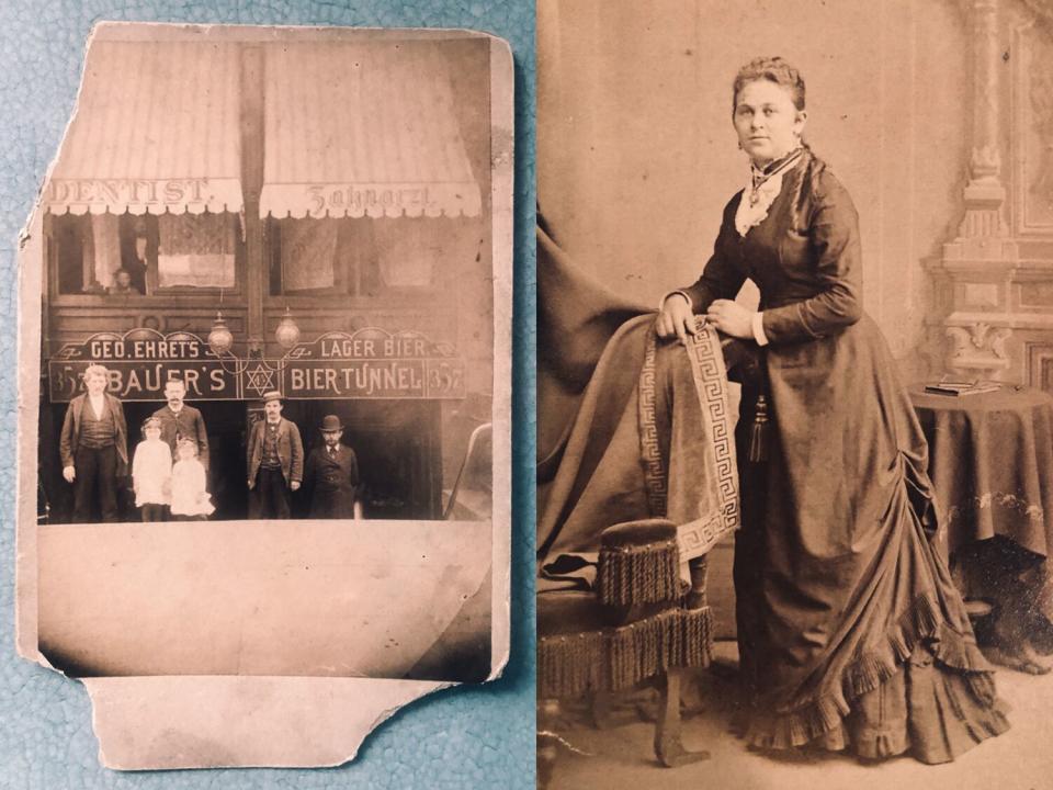An old photo of people standing at a storefront, left, and an old photo of a woman