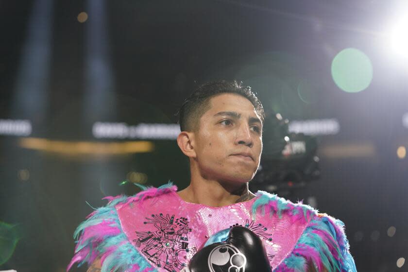 Mario Barrios arrives to fight Gervonta Davis before the WBA Super Lightweight world championship boxing match on Saturday, June 26, 2021, in Atlanta. Davis won against Barrios. (AP Photo/Brynn Anderson)