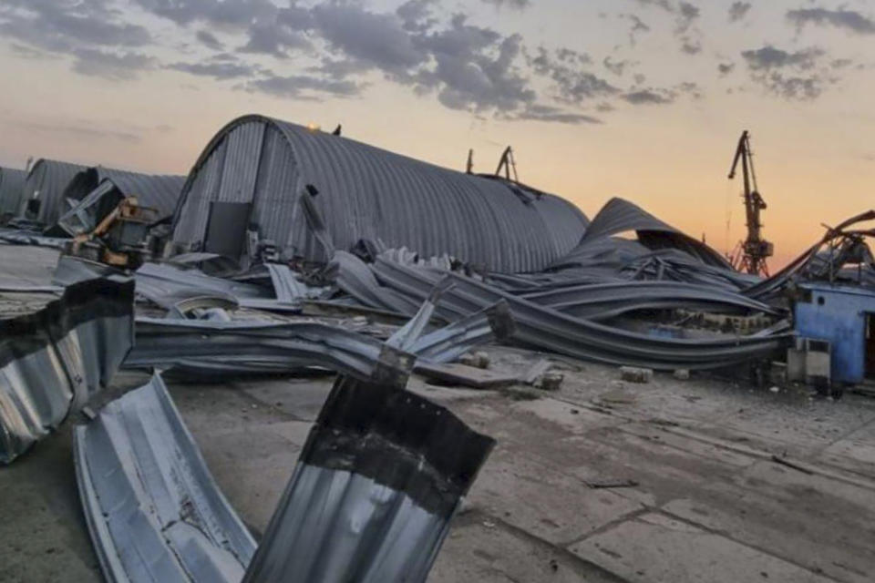 In this photo provided by the Odesa Regional Administration Press Office, a granary destroyed in a Russian drone attack at night is seen in a Danube port near Odesa, Ukraine, early hours Wednesday, Aug. 16, 2023. (Odesa Regional Administration Press Office via AP)