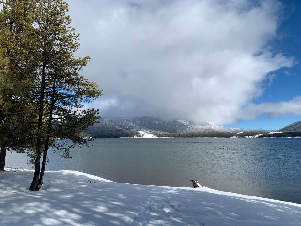 Paulina Lake in winter at Newberry Volcanic National Monument in Central Oregon north of La Pine.