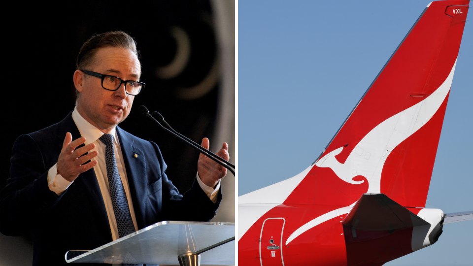 A composite image of Qantas CEO Alan Joyce speaking at a podium and the tail of a QANTAS plane showing the airline's Kangaroo logo.