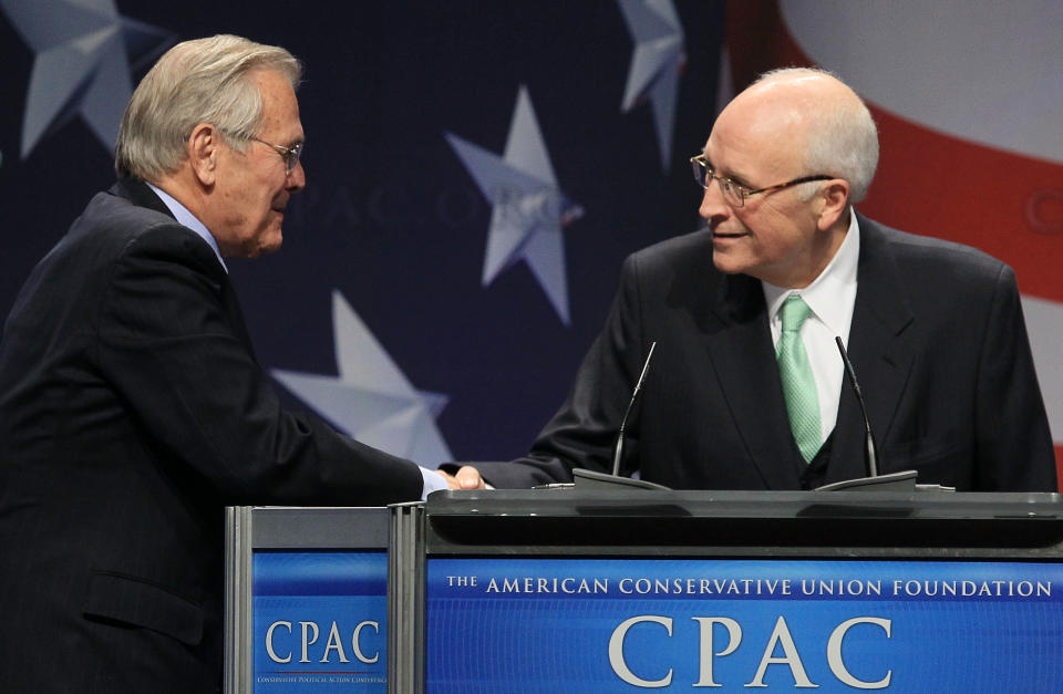 WASHINGTON, DC - FEBRUARY 10: Former U.S. Vice President Dick Cheney (R) introduces former U.S. Secretery of Defense Donald Rumsfeld at the Conservative Political Action conference (CPAC), on February 10, 2011 in Washington, DC. (Photo by Mark Wilson/Getty Images)