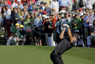 Dustin Johnson tees off on the third hole during the second round of the Masters golf tournament Friday, April 11, 2014, in Augusta, Ga. (AP Photo/David J. Phillip)