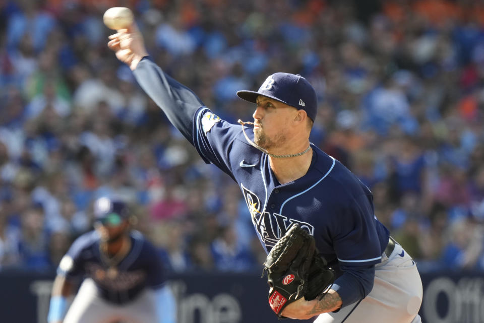 Tampa Bay Rays starting pitcher Shawn Armstrong throws during the first inning of a baseball game against Toronto Blue Jays in Toronto, Saturday, Sept. 30, 2023. (Frank Gunn/The Canadian Press via AP)