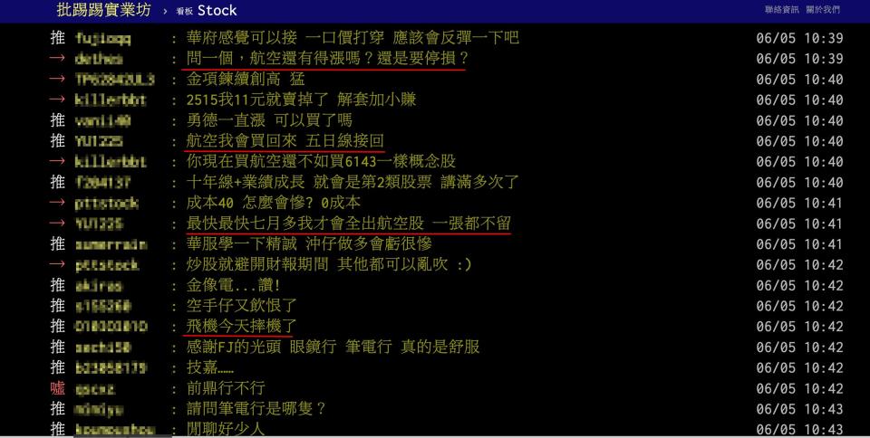 航空雙雄華航（2610）、長榮航（2618）走跌，成為社群熱議話題。（圖／翻攝自PTT）