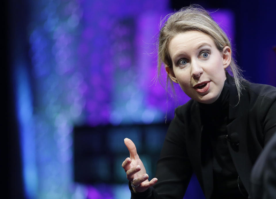 FILE - In this Monday, Nov. 2, 2015 file photo, Elizabeth Holmes, founder and CEO of Theranos, speaks at the Fortune Global Forum in San Francisco. Elizabeth Holmes, who ran Theranos until its 2018 collapse, hasn't paid her Palo Alto, California, attorney John Dwyer and his colleagues for the past year, according to documents filed Monday, Sept. 30, 2019 in Phoenix federal court.  (AP Photo/Jeff Chiu, File)