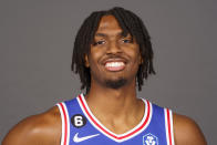 Philadelphia 76ers' Tyrese Maxey poses for a photograph during media day at the NBA basketball team's practice facility, Monday, Sept. 26, 2022 in Camden, N.J. (AP Photo/Chris Szagola)