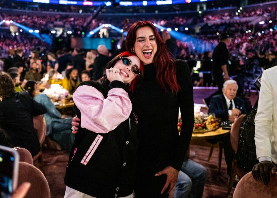 “Barbie” singers Billie Eilish (left) and Dua Lipa united at the 2024 Grammys, where the former won Song of the Year. Getty Images for The Recording Academy