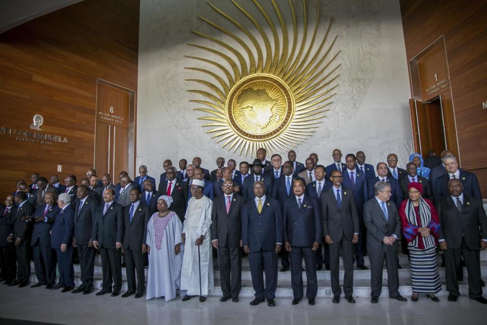 Participants gather for a group photo for the 28th Ordinary Session of the Assembly of the African Union, in Addis Ababa, Ethiopia, Monday, Jan. 30, 2017. The U.N. Secretary General Antonio Guterres on Monday commended African countries for opening their borders to refugees and people fleeing violence.(AP Photo/Mulugeta Ayene )