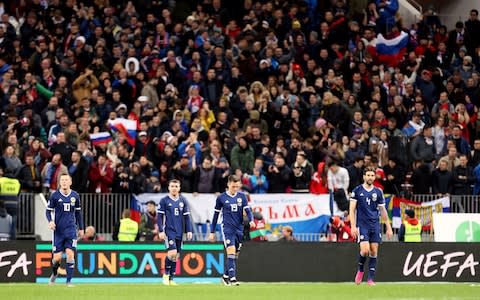 Scotland players stand dejected after they concede a third goal during the UEFA Euro 2020 qualifying - Credit: PA