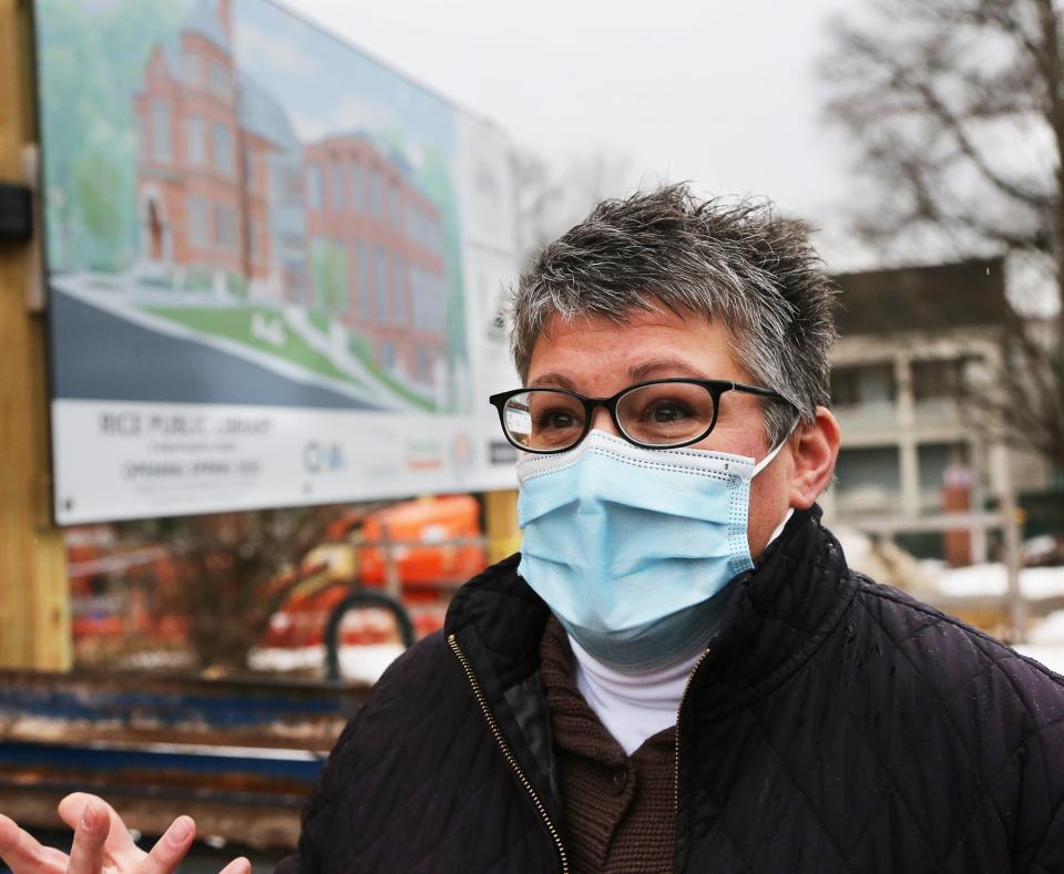 Town Manager Kendra Amaral leads a site walk of Kittery's Rice Public Library, currently undergoing an expansion and renovation, on Friday, Feb. 4, 2022.