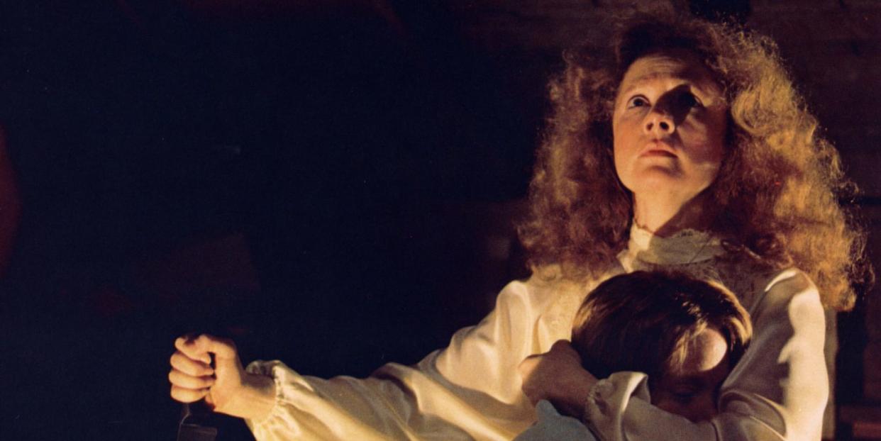 piper laurie in character as margaret white, hugging sissy spacek in character as carrie white, in the 1976 film carrie