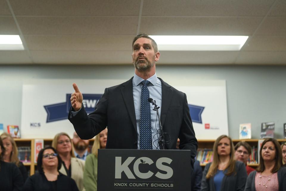 Knox County Schools Superintendent Jon Rysewyk explains how the district worked to improve its Tennessee Department of Education ratings. He gathered with administrators and community partners Feb. 22 at Ritta Elementary to celebrate their successes.