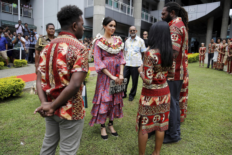 Meghan, Duchess of Sussex, visits the University of the South Pacific in Suva, Fiji, Wednesday, Oct. 24, 2018. Prince Harry and his wife Meghan are on day nine of their 16-day tour of Australia and the South Pacific (Phil Noble/Pool Photo via AP)