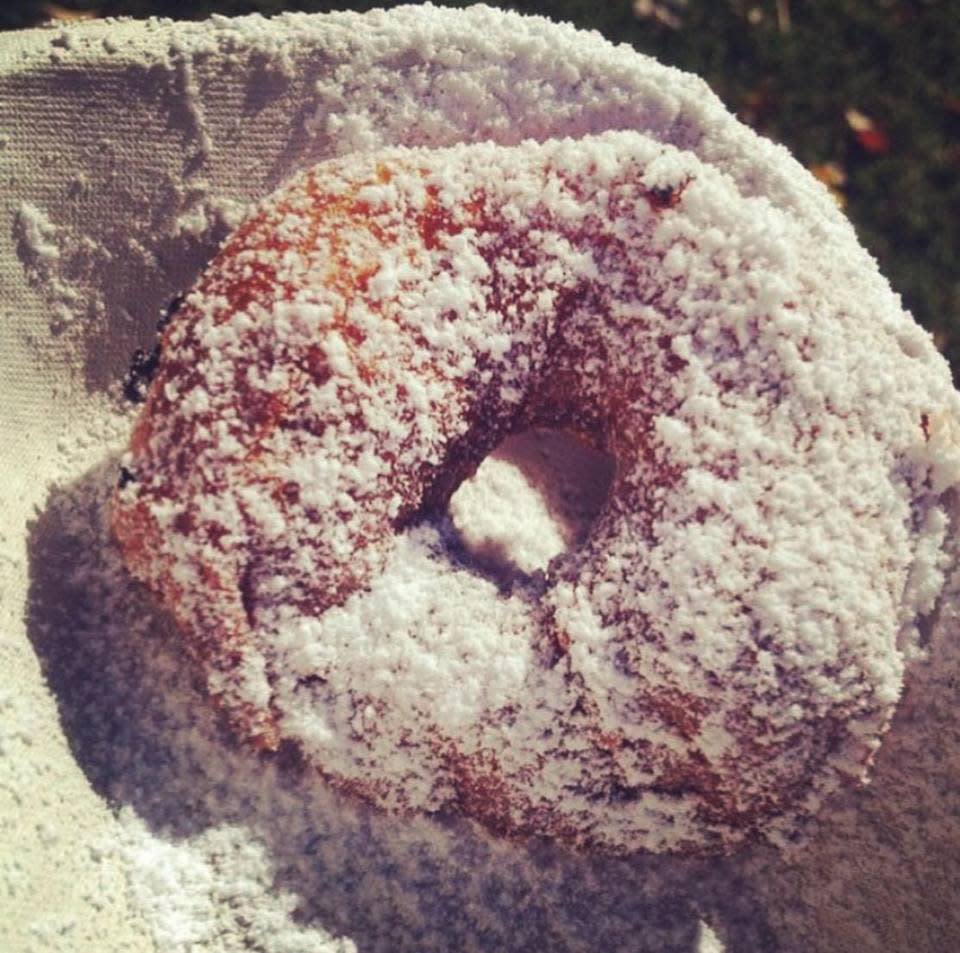 A powdered sugar-topped apple fritter at Delicious Orchards in Colts Neck.