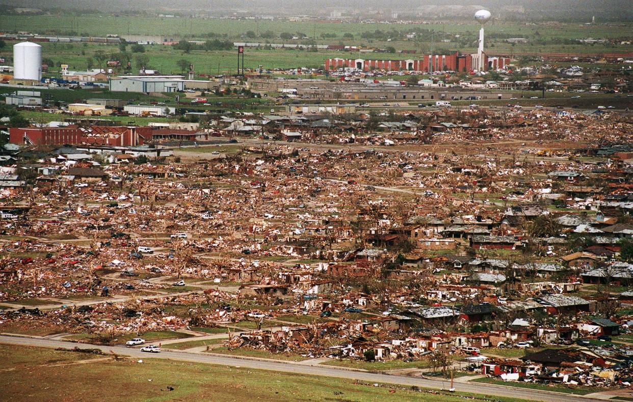 An aerial view of Moore looking northeast from near NE 12. First Baptist Church is at top right.