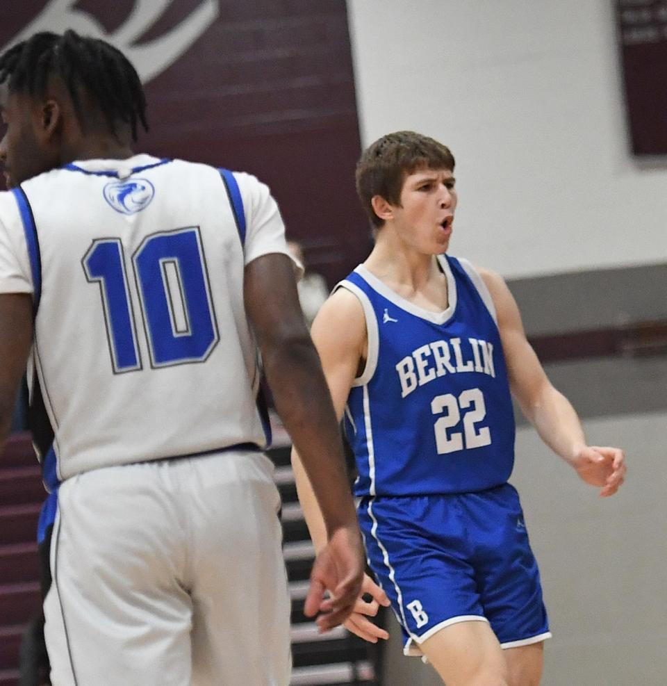 Berlin Brothersvalley’s Pace Prosser reacts after a long-range three-pointer opens the scoring against Phil-Mont Christian during a PIAA Class 1A quarterfinal boys basketball contest, March 17, in Mechanicsburg.