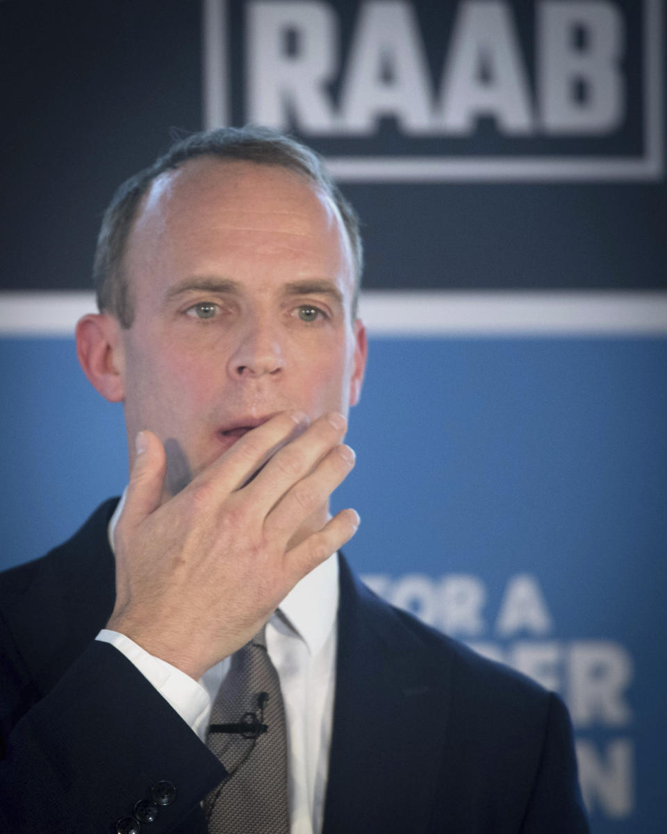 Former Brexit Secretary Dominic Raab launches his campaign to become leader of the Conservative and Unionist Party and Prime Minister, in London, Monday, June 10, 2019. Britain is set to get a new prime minister, but only members of the Conservative Party have a say in the decision. The Conservatives are holding an election to replace Prime Minister Theresa May, who resigned as party leader last week after failing to lead Britain out of the European Union on schedule. (Stefan Rousseau/PA via AP)