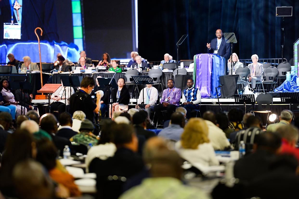 The UMC General Conference, which is the denomination's top legislative assembly, gathers for its second and final week in Charlotte. This is the general conference in session on April 30, 2024 at the Charlotte Convention Center. The Rev. Dr. Jerry Pillay, a Presbyterian clergyman and professor from South Africa, General Secretary of the World Council of Churches speaks to the delegates.