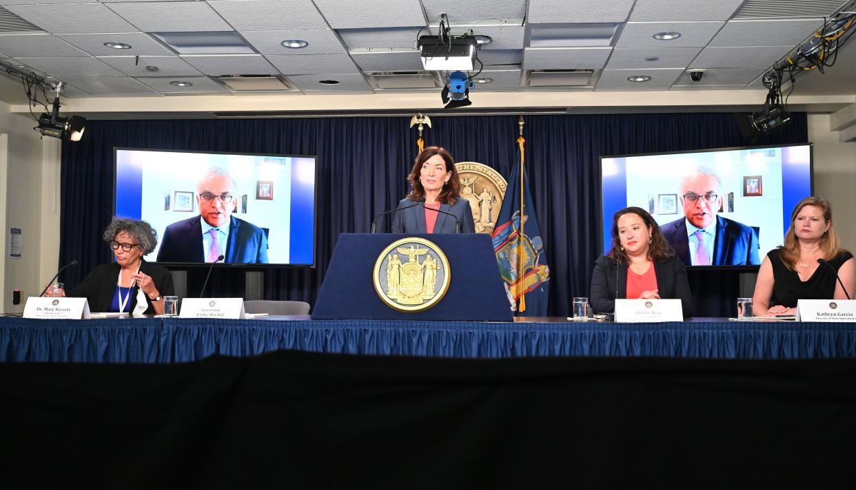 New York Governor Kathy Hochul, joined by State Health Commissioner Dr. Mary Bassett, Commissioner Jackie Bray of NYS DHSES, and Director of State Operations Kathryn Garcia, updates New Yorkers on Covid-19, Monkeypox, and the extreme hot temperatures in New York City Wednesday July 20, 2022. 