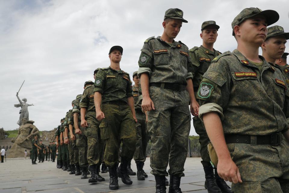 Russian army soldiers appear in support for the soldiers involved in the Ukraine war at a Second World War memorial in Volgograd, Russia, in July 2022. (AP Photo/Alexandr Kulikov)