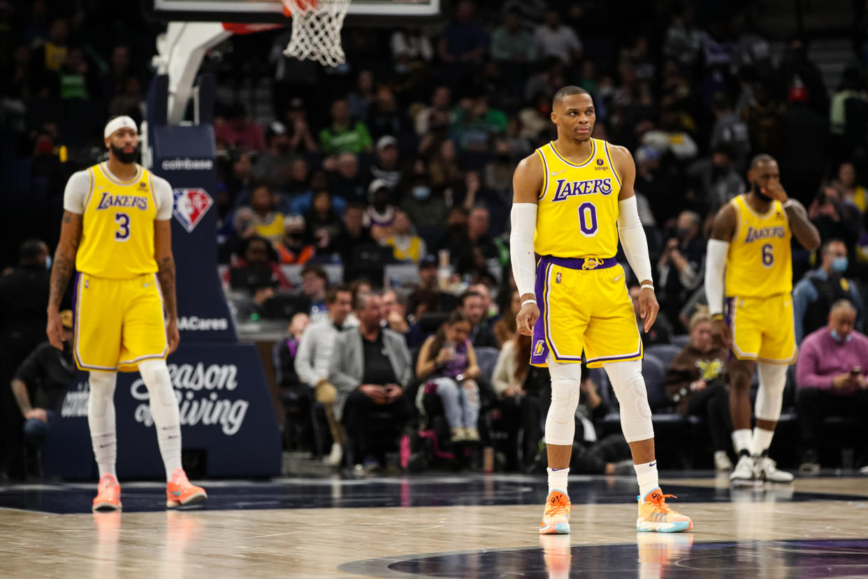 Anthony Davis, Russell Westbrook and LeBron James earned the Lakers a title they never imagined: The most disappointing team in NBA history. (David Berding/Getty Images)