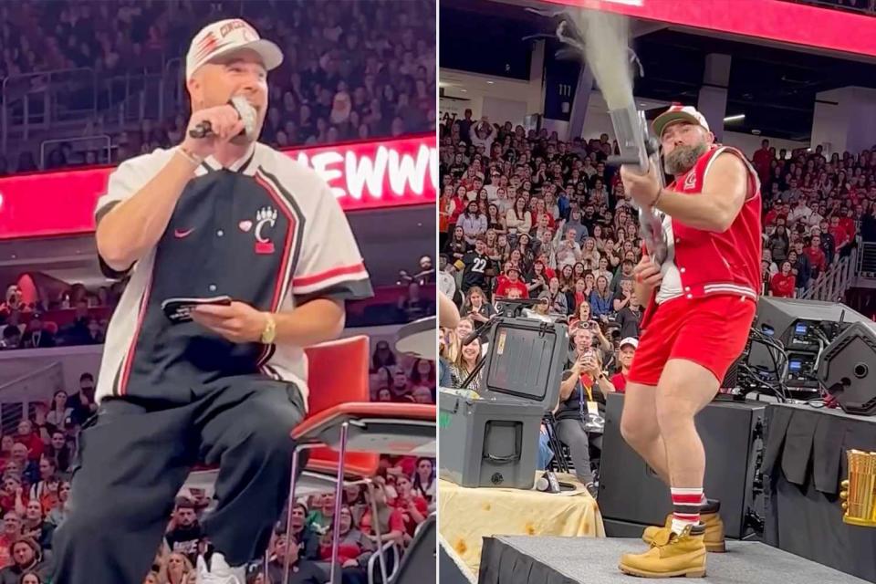 <p>Instagram/newheightshow</p> Travis Kelce and Jason Kelce shot sandwiches into the audience of their 