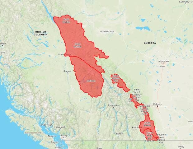 A map provided by Avalanche Canada shows the areas affected as part of a special avalanche warning issued Wednesday.