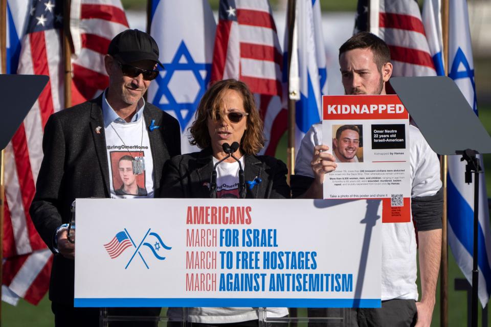 Orna Neutra speaks at the March for Israel on Nov. 14, 2023, on the National Mall in Washington.