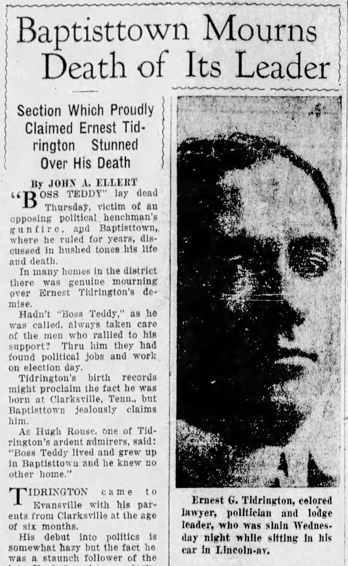 Clipping from the Jan. 23, 1930 edition of the Evansville Press reporting the death of "Baptistown Boss" Ernest Tidrington.